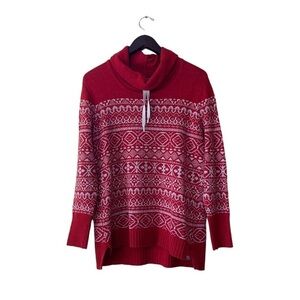 Eddie Bauer Red and White Fair Isle Cowl Neck Wool Blend Pullover Sweater Size L